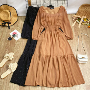 ชุดเดรสยาวแขนยาวคอเหลี่ยมประดับกระดุมสีพื้นเอวสูงสไตล์เกาหลีทรงหลวมสำหรับผู้หญิงในฤดูใบไม้ร่วงปี 2025