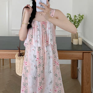 ชุดนอนผ้าไหมฝ้ายคอวีแขนกุดสำหรับผู้หญิงในฤดูร้อน ชุดนอนผ้าไหมฝ้ายเทียม ชุดนอนผ้าไหม ชุดนอนผ้าฝ้ายคอวี ชุดนอนผ้าฝ้ายคอวี