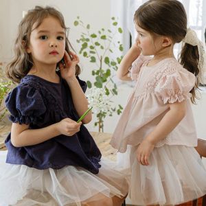Sweet Cute Cotton Bubble Sleeve Short Sleeve Shirt for Girls Summer 2024 Strawberry Pattern Childrens Clothing Baby Clothes
