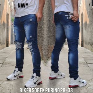 Celana Jeans Sobek Pria Panjang Stretch Melar Denim Tebal Slimfit Skinny Size 28-33
