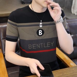 HENGYUANXIANG | Hengyuanxiang Mens Summer Thin Knitted Ice Silk Casual T-shirt Short Sleeve Diamond Heat Pressed Striped Body Shirt Cool Feeling