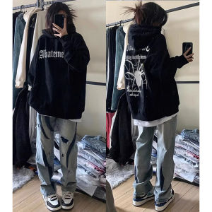 HipHop American Fashion Brand Spider Letter Print Black Hoodie Female Fleece-lined Thickened Loose-Fitting Coat Top