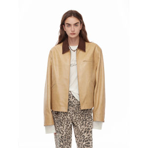 เสื้อแจ็คเก็ตหนังแกะแท้สไตล์ฟู้จิเนน ทรงหลวม แขนยาว ปกหนัง สำหรับผู้หญิง ฤดูใบไม้ร่วง 2024 เสื้อโค้ทผู้หญิง