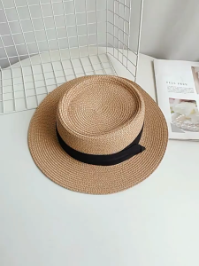 Fashion French Style Flat Top Straw Hat Beach Sun Hat Travel Vocation Women Sun Hat Straw Summer Hat