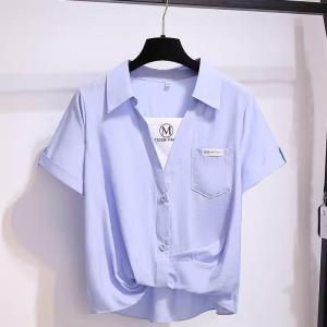 Áo Sơ Mi Nữ Tay Ngắn Thời Trang Mùa Hè 2025 Áo Hai Mảnh Giả Phong Cách Hàn Quốc Thường Ngày Màu Trơn Cổ Polo Dài Thường