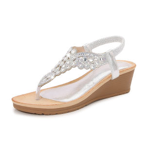 Toe-Thong Roman Sandal Bohemian Style Crystal Embellished Platform Heel