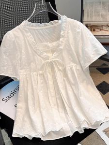 Sweet Doll Collar Short Sleeve Shirt Womens Lace Patchwork Belted Two-Piece Style Korean Style Commute Wind Summer New Arrival