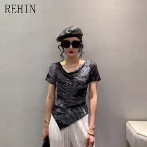 REHIN Áo Thun Nữ Ngắn Tay Lưới Kẻ Sọc Xếp Ly Thời Trang Mới Mùa Hè Không Chính Quy Cạnh Vát Với Thiết Kế Phá Cách Áo Blouse Thanh Lịch