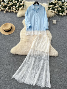Bộ Đồ Hai Mảnh Dài Tay Ren Phong Cách Hàn Quốc Quần Dài Bó Sát Váy Nửa Thân Áo Sơ Mi Bộ Đồ Thời Trang Mùa Hè Cho Nữ