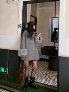 Feimao Double-sided Cashmere Coat with Fox Sleeve Trim Thick Winter Outerwear for Women Korean Style Long Sleeve round Neck