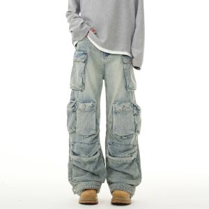 Flyoff Mens Workwear Style High Waist Straight Leg Jeans Multiple Pockets Belted Retro High Street Fashion Long Pants