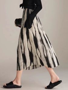 High Waist A-Line Skirt Womens Print Pleated Half Body Skirt Elastic Waist Versatile Style Mid-Length Summer Fashion