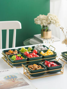 Nordic Luxury Green Ceramic Snack Box Gold Rimmed Fruit Plate Creative Living Room Dry Fruit Separator Dish for Home Use