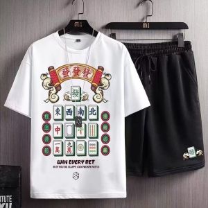 Chinese Style Summer Chinese Fad Mahjong Creative Fortune T-Shirt Sparrow Short Sleeve Men Loose Casual Sports Two-Piece Suit