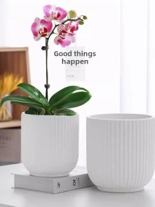 New Large Extra Large Ceramic Flower Pot with Tray Vertical Stripe Nordic Style Simple Design Indoor Plant Pots Creative Gifts