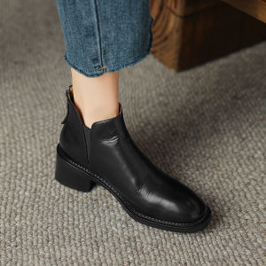 Brown British Retro Chelsea Boots Autumn Winter Genuine Leather Thick Heel Short Boots Women round Head Medium Heel Rear Zipper And Naked Boots