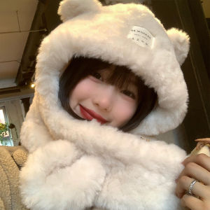 น่ารัก ชุดผ้าพันคอหมวกตุ๊กตาหูหมี ผู้หญิง ฤดูหนาว อุ่น ป้องกันการขี่จักรยานเย็นคอ อุ่น Er สไตล์ลำลอง โดม เสื้อท่อนบน หมวก