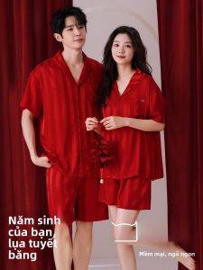 MiiOW | Bộ đồ ngủ lụa băng cho cặp đôi MiiOW mùa hè 2025 Quần short Áo sơ mi cổ bẻ tay ngắn thoáng khí thoải mái cho thanh thiếu niên