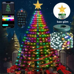 Đèn Dây Thông Minh Trang Trí Cây Thông Noel 2.4M Với Điều Khiển Bằng Ứng Dụng Trang Trí Hình Vòng Tròn & Ngôi Sao Đèn LED Trong Nhà Ngoài Trời Cho Ngày Lễ