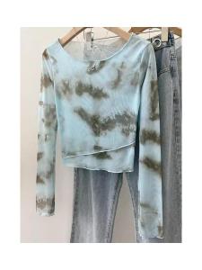 เสื้อยืดคอวีทรงเข้ารูปสไตล์ย้อนยุค แขนยาว ทรงเข้ารูป ผ้าโพลีเอสเตอร์ แฟชั่นฤดูใบไม้ผลิ 2025 สำหรับผู้หญิง