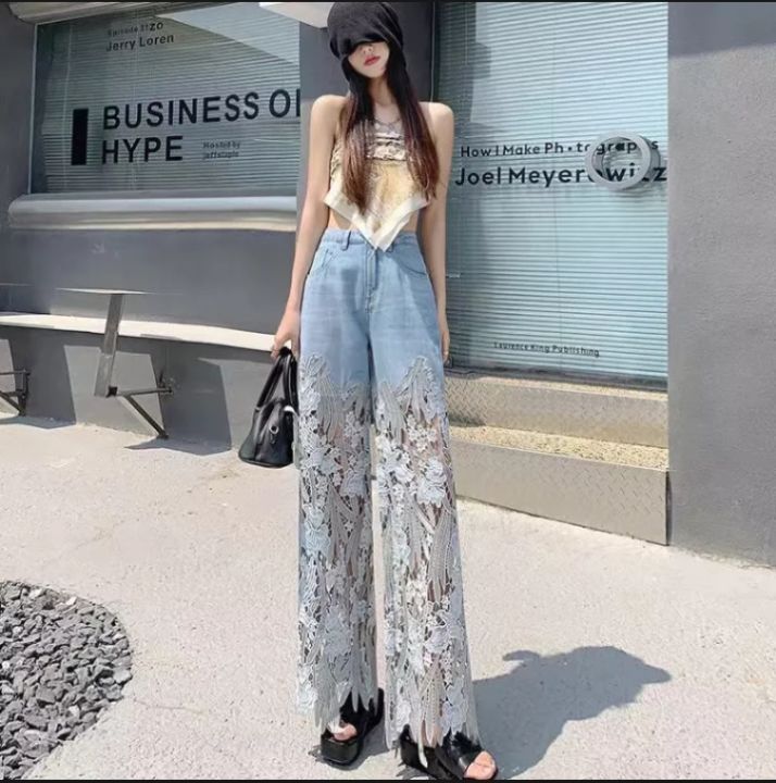 LACE STITCHING JEANS WOMEN NEW FASHION CASUAL STRAIGHT TEMPERAMENT DESIGN  RETRO STYLE LONG JEANS WOMEN Lazada PH