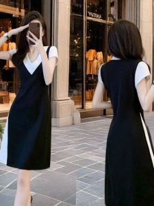 ชุดเดรสคอวีสไตล์ฝรั่งเศสไซส์ใหญ่ ชุดเดรสผู้หญิงฤดูร้อน 2025 ทรงเข้ารูป กระโปรงทรงเอ แขนสั้น ทรงเข้ารูป ทรงเข้ารูป