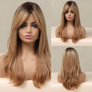 Blonde Wigs for White Women Long Layered Wig With Dark Roots Hair Replacement Heat Resistant Fiber Wigs
