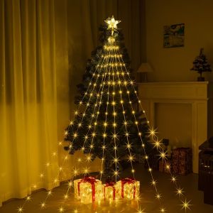 Solar-Powered LED Christmas Star Waterfall Lights with 8 Lighting Modes - Suitable for Indoor/Outdoor Decor: Christmas Tree