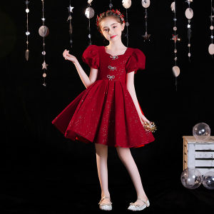 Classy Girl Tulle Tutu Long-Sleeved Red Flower Girl Princess Dress Childrens Catwalk Host Evening Dress Costume for Piano Performance