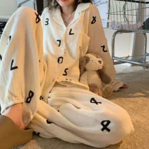 Bộ Đồ Ngủ Sọc Tay Ngắn Quần Dài Mùa Xuân Thu Cho Nữ Bộ Đồ Ngủ Cotton Pha Trộn Giản Dị Thoải Mái Mặc Ở Nhà