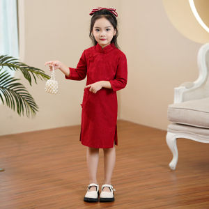Girls Cheongsam Long Sleeve Birthday Dress Traditional Chinese Style Floral Print Spring Autumn Polyester Fabric Childrens Clothing