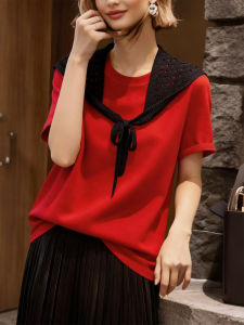 QINGNAER | Elegant And Youthful 2026 Spring New Design Lace Openwork Round Neck Short Sleeve T-Shirt