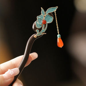 Daily Use Blue Lacquer Orchid Hairpin Qipao Accessory Traditional Chinese Style Sandalwood Hairpin Tassel Decorated Court Style