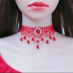 Low Neck Dance Necklace Womens Clavicle Chain Lace Neck Jewelry Red Neckband Bracelet Neck Decor Performance Fashion Accessories