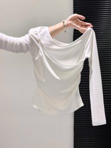 Áo Thun Nữ Tay Dài Ngắn Hở Vai Xếp Ly Mới Thu Đông 2025 Dáng Ôm Vừa Vặn Cổ Tròn in Chữ Phong Cách Hàn Quốc