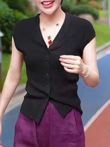 Elegant Black V-neck Slim Fit Short Sleeve Open Cardigan Womens Summer New Style Pure Color Simple Trendy Top Casual Knitwear