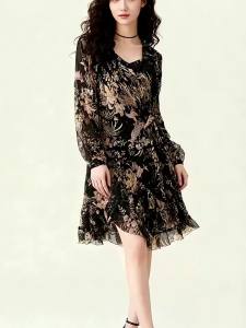 XMO | V Neck Silk Midi Dress Black Floral Print French Style Summer
