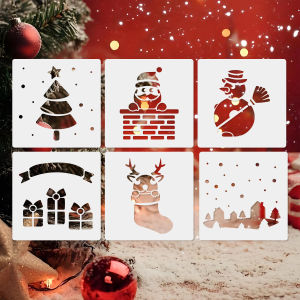 6PCS 5.1x5.1inch Christmas Painting Stencils Set Reusable PET Template with Santa Snowman Reindeer & Tree Patterns for DIY Cr