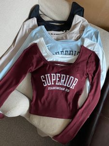 GUZILIAN | Slim Fit Round Neck Long Sleeve T-Shirt Womens Vintage American Style Letter Print Retro Backless Top Spring Autumn New Arrival