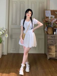 High-Waist Slimming Dress for Plus Size Women French Style Sweet Doll Top Short Sleeve Summer Outfit Waist Hiding Short Skirt