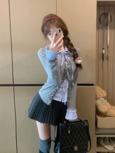 Autumn Fashion College Style Miniature Set Cute Fake Two-Piece Top Half-Skirt Two-Piece Set Womens Cotton Long Sleeve Polo Neck