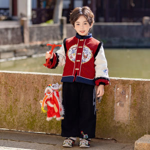 Red Childrens Cheongsam Winter Clothes New Year Celebration Boys Birthday Suit Festive Baby Outfit Cotton Blend Fabric