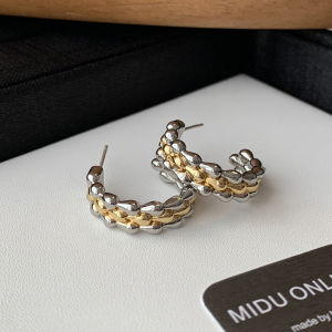 Minudo S925 Silver Needle Color Block Earring Band High-End Metal C-Shaped French Design Geometric Pattern Korean Style Womens Fashion Jewelry