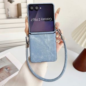 Ốp Điện Thoại Họa Tiết Denim Cho Samsung Galaxy Z Flip Có Dây Đeo Tay Có Thể Tháo Rời Bản Lề Bảo Vệ Toàn Diện Vỏ Chống Sốc