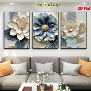 3 abstract three-dimensional blue and white floral art canvas posters modern sofa background wall decoration 2D flat printing f