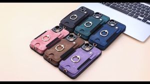 IPhone 16 15 14 13 12 11 XS XR Leather Case RFID Anti Theft Brush Finger Ring Buckle Hanging Cord Multifunctional Card Bag Phone Case