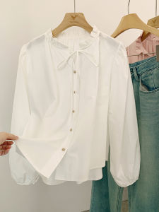 Áo sơ mi AMILUCK nữ tay dài rộng viền ren cổ tròn màu trơn