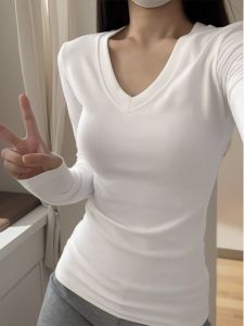 Áo Thun Dài Tay Cổ Chữ V Màu Trắng Cho Nữ Mùa Thu Đông Lót Lông Cừu Ôm Vừa Vặn Eo Thon Gọn Tay Dài Cổ Chữ V