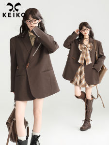 KEIKO Vintage Coffee Color Womens Suit Jacket Commute Style Long Sleeve Button up Floral Embroidery Pocket Design