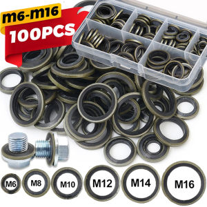 ปะเก็นแผ่นซีลที่ถูกผูกมัดด้วยชิ้น/กล่อง100น้ำมันรถยนต์สกรูระบายน้ำรวมเครื่องทำความสะอาดปิดผนึกที่อุดบ่อสูบ M6-M16ปะเก็นกันคราบมันวงแหวน